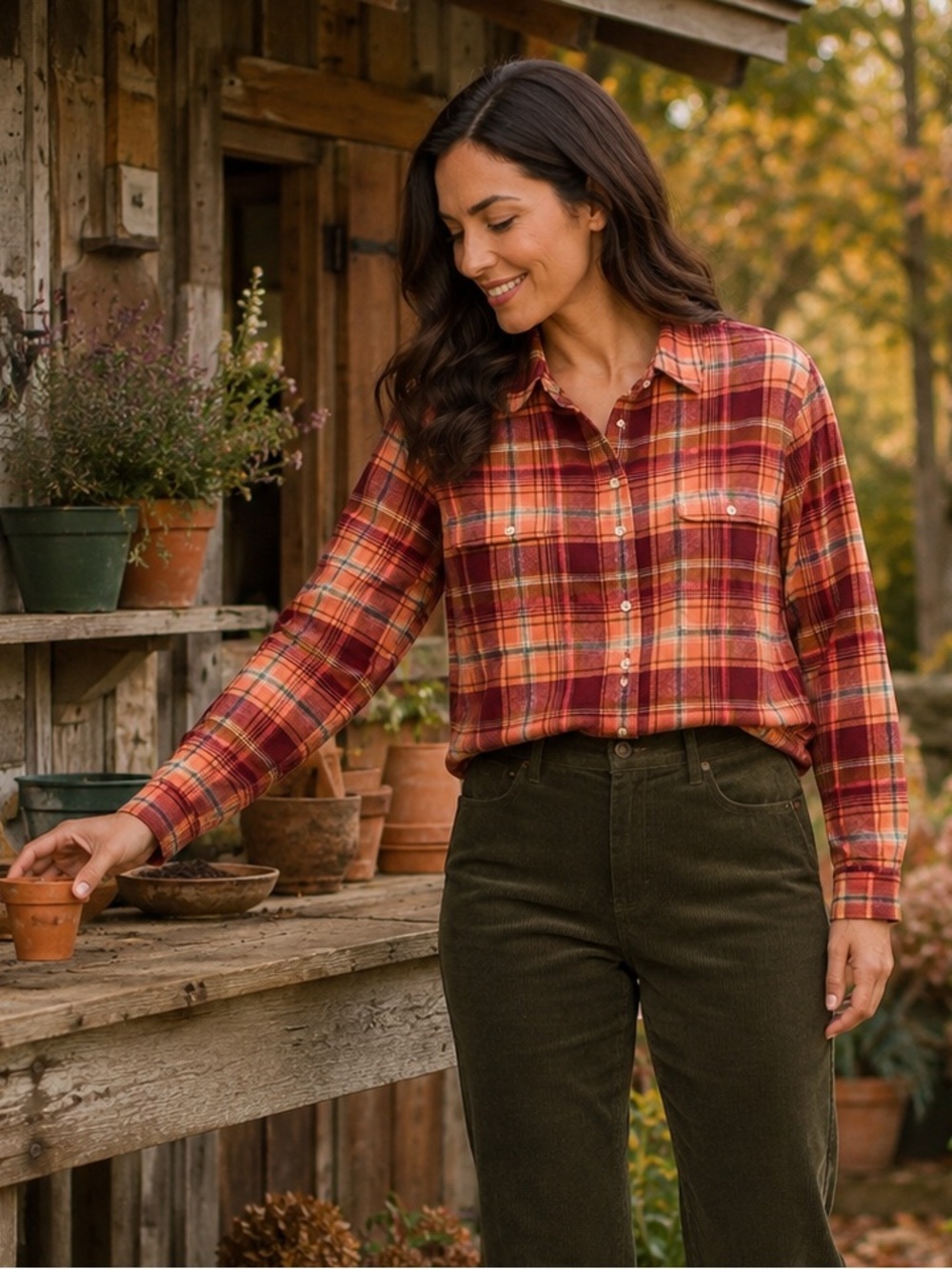 Old Navy Boyfriend Flannel Tunic Shirt Orange Red Plaid Cotton Fall Medium